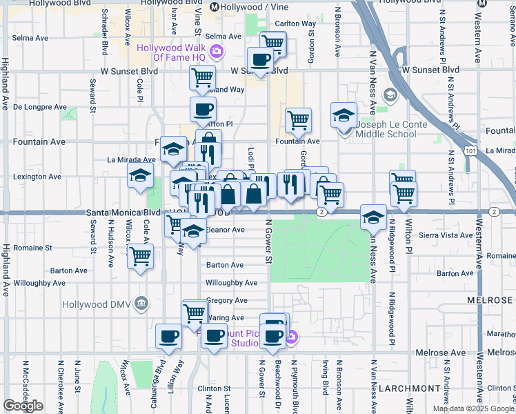 map of restaurants, bars, coffee shops, grocery stores, and more near 6118 California 2 in Los Angeles