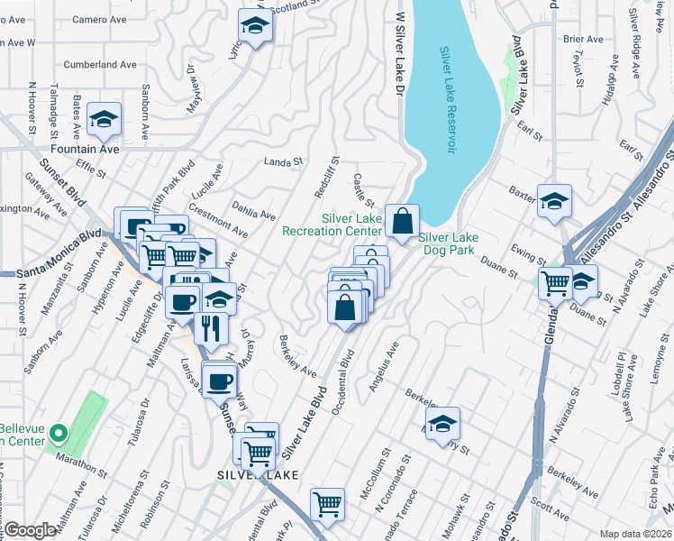 map of restaurants, bars, coffee shops, grocery stores, and more near 1735 Westerly Terrace in Los Angeles