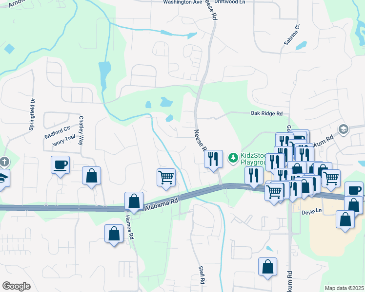map of restaurants, bars, coffee shops, grocery stores, and more near 503 Bonnie Drive in Woodstock