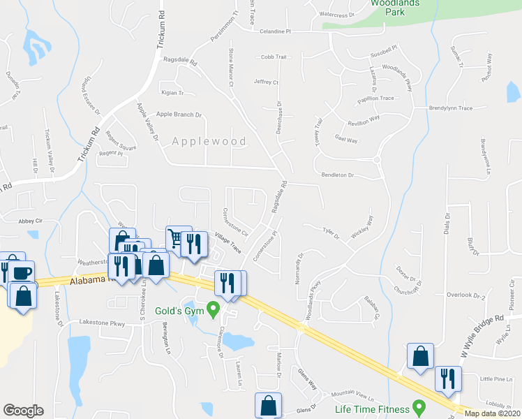 map of restaurants, bars, coffee shops, grocery stores, and more near 109 Cornerstone Circle in Woodstock