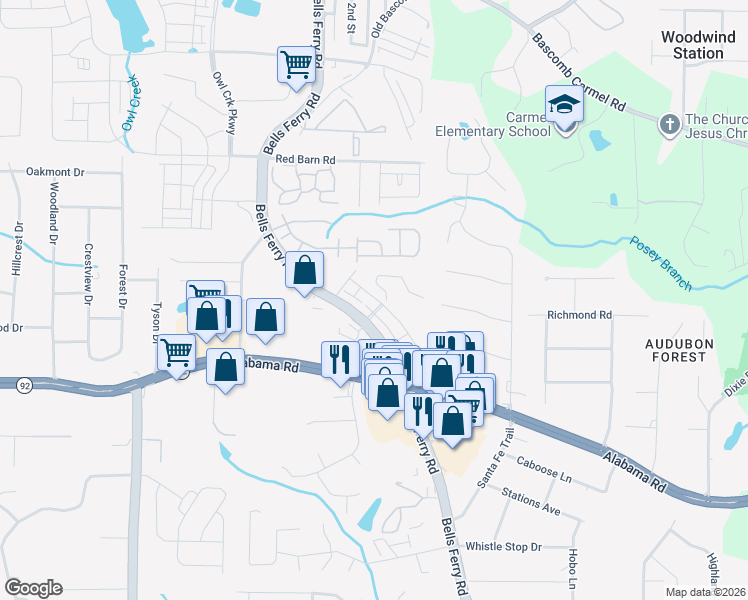 map of restaurants, bars, coffee shops, grocery stores, and more near 5733 Bells Ferry Rd in Acworth