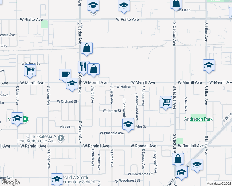 map of restaurants, bars, coffee shops, grocery stores, and more near 1071 West Carter Street in Rialto