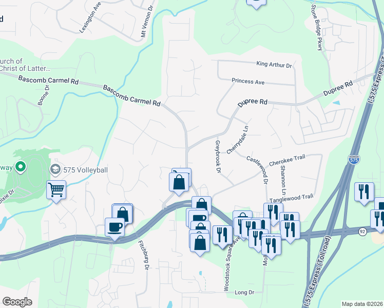 map of restaurants, bars, coffee shops, grocery stores, and more near 2024 Bascomb Carmel Road in Woodstock