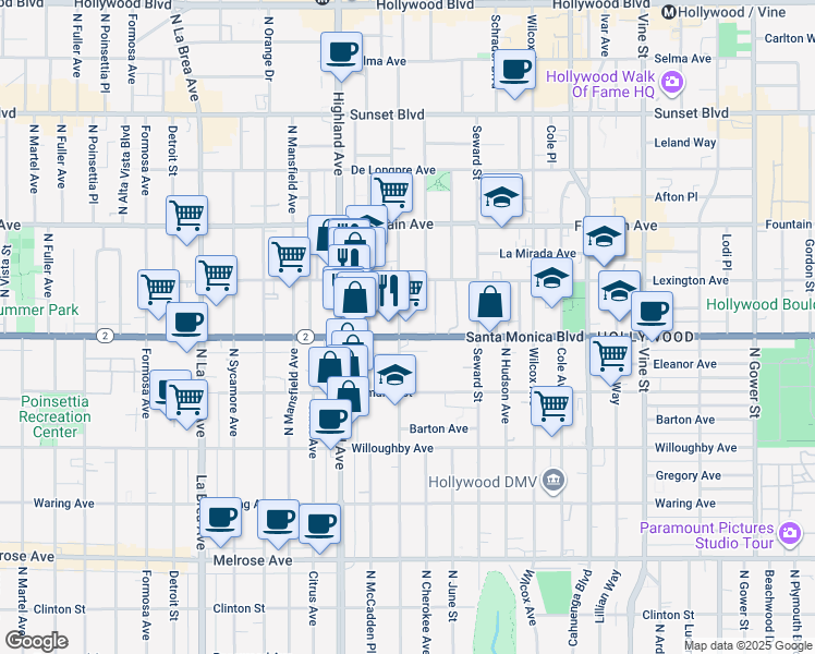 map of restaurants, bars, coffee shops, grocery stores, and more near 6677 California 2 in Los Angeles