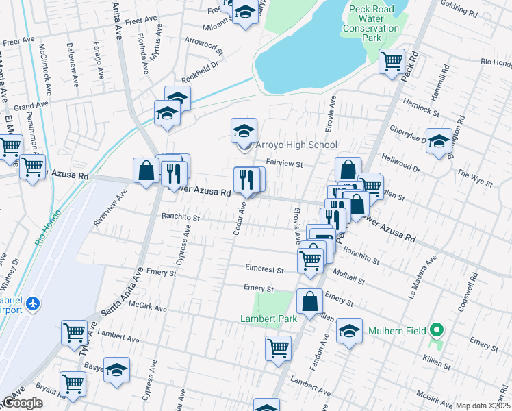 map of restaurants, bars, coffee shops, grocery stores, and more near 11347 Ranchito Street in El Monte
