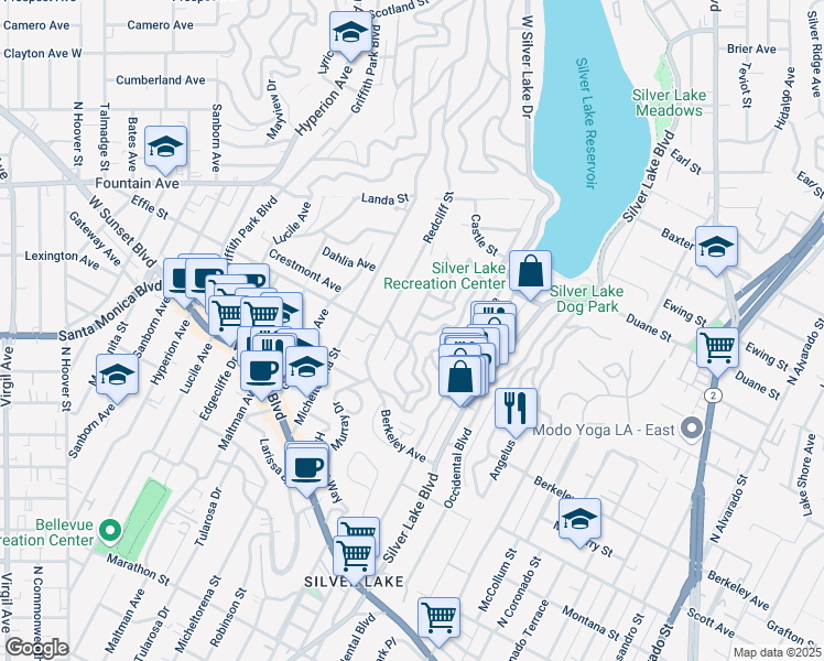 map of restaurants, bars, coffee shops, grocery stores, and more near 1705 Redesdale Avenue in Los Angeles