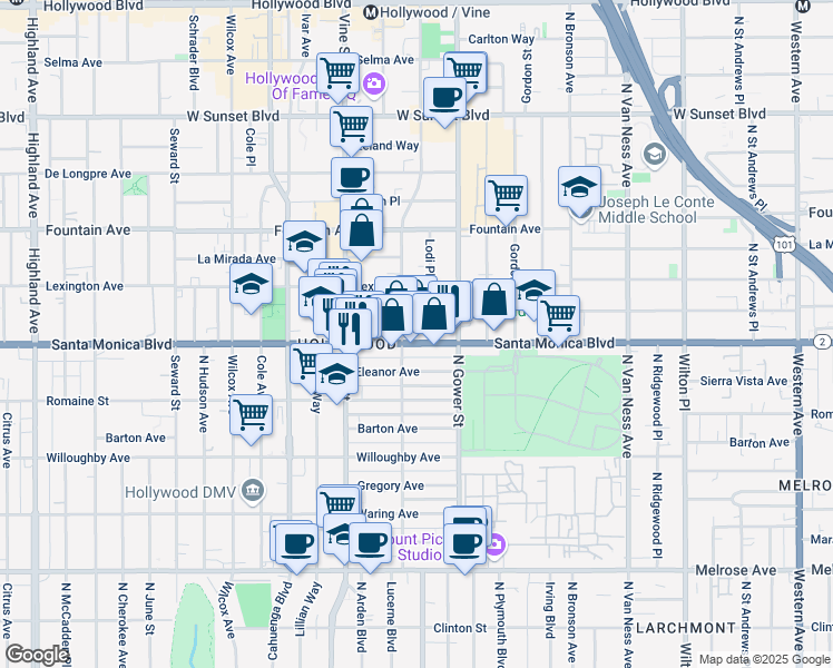 map of restaurants, bars, coffee shops, grocery stores, and more near 1076 North El Centro Avenue in Los Angeles