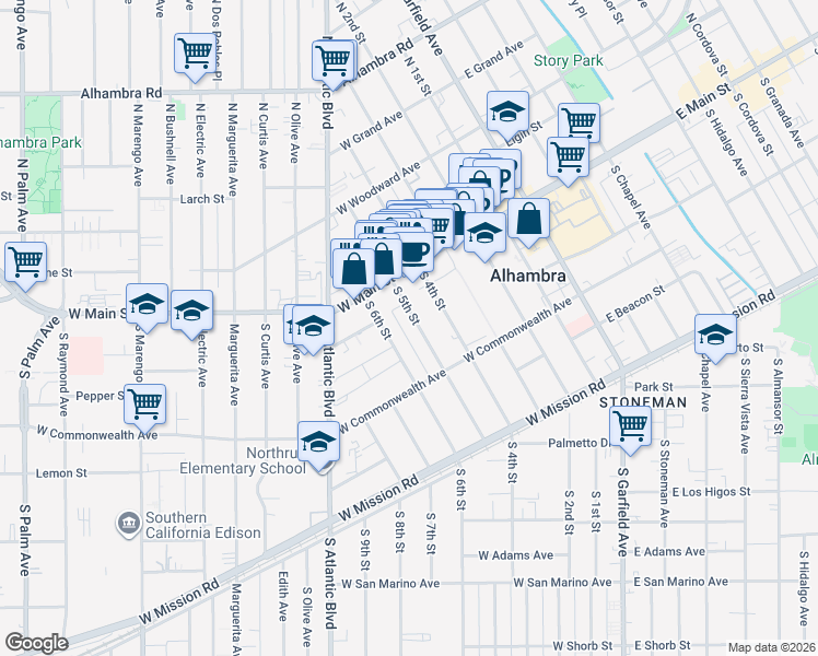 map of restaurants, bars, coffee shops, grocery stores, and more near 113 South 5th Street in Alhambra
