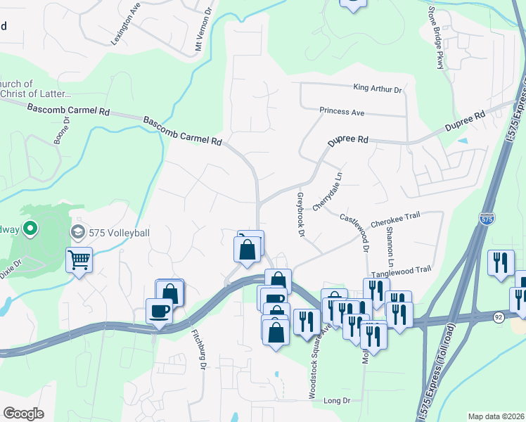 map of restaurants, bars, coffee shops, grocery stores, and more near 2024 Bascomb Carmel Road in Woodstock