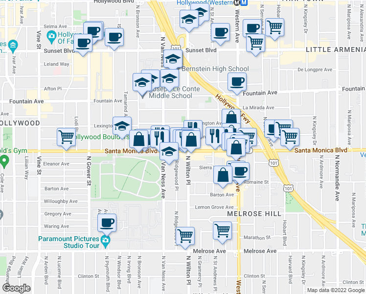 map of restaurants, bars, coffee shops, grocery stores, and more near 5711 Santa Monica Boulevard in Los Angeles