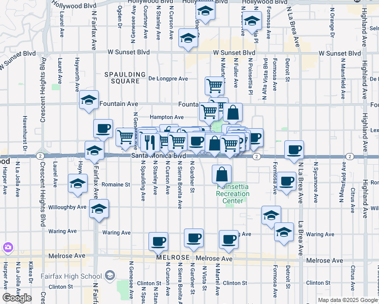 map of restaurants, bars, coffee shops, grocery stores, and more near 7496 Santa Monica Boulevard in West Hollywood