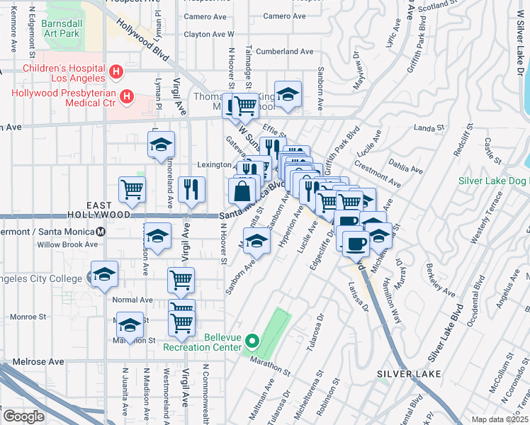 map of restaurants, bars, coffee shops, grocery stores, and more near 1018 Manzanita Street in Los Angeles