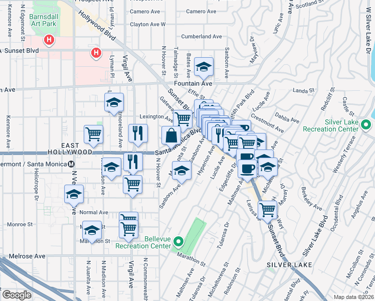 map of restaurants, bars, coffee shops, grocery stores, and more near 1018 Manzanita Street in Los Angeles