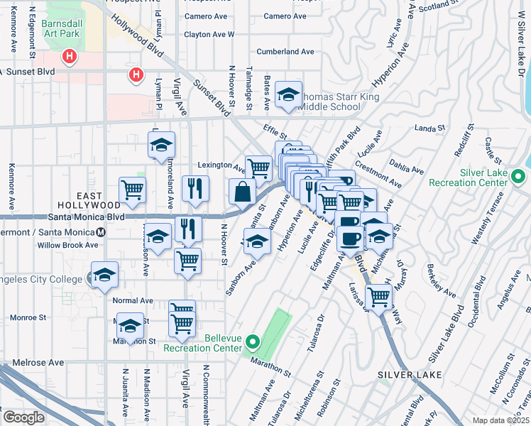 map of restaurants, bars, coffee shops, grocery stores, and more near 1018 Manzanita Street in Los Angeles