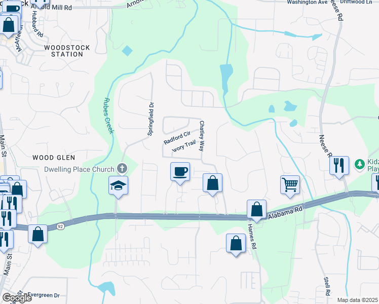 map of restaurants, bars, coffee shops, grocery stores, and more near 504 Radford Court in Woodstock
