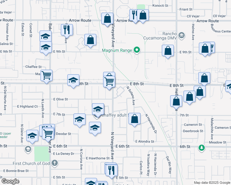 map of restaurants, bars, coffee shops, grocery stores, and more near 1802 North Vineyard Avenue in Ontario