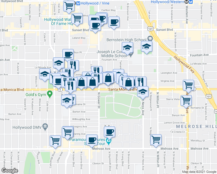 map of restaurants, bars, coffee shops, grocery stores, and more near 6044 Santa Monica Boulevard in Los Angeles