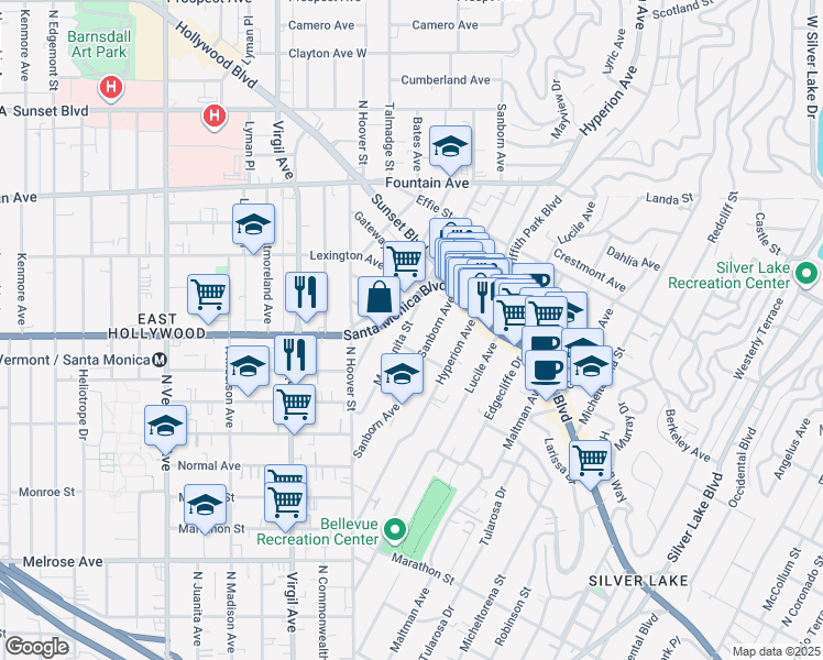 map of restaurants, bars, coffee shops, grocery stores, and more near 4019 Del Mar Avenue in Los Angeles