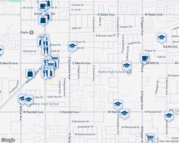 map of restaurants, bars, coffee shops, grocery stores, and more near 565 South Joyce Avenue in Rialto