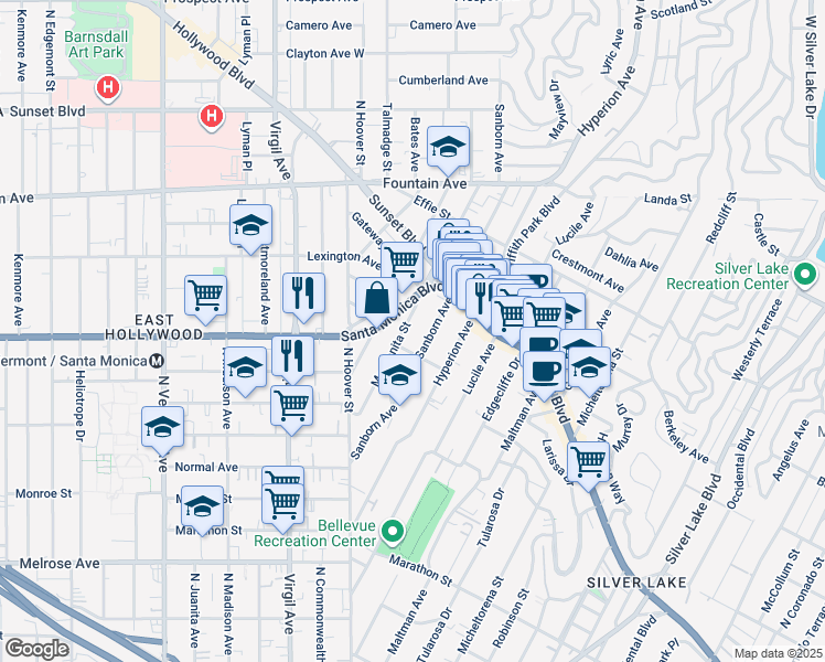 map of restaurants, bars, coffee shops, grocery stores, and more near 4019 Del Mar Avenue in Los Angeles
