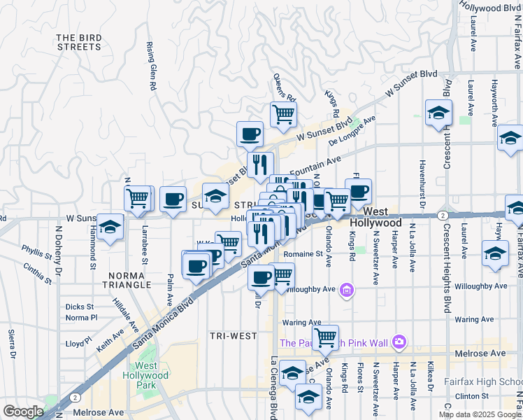 map of restaurants, bars, coffee shops, grocery stores, and more near 1100 Alta Loma Road in West Hollywood