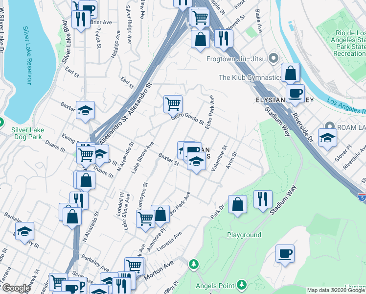 map of restaurants, bars, coffee shops, grocery stores, and more near 1631 Champlain Terrace in Los Angeles