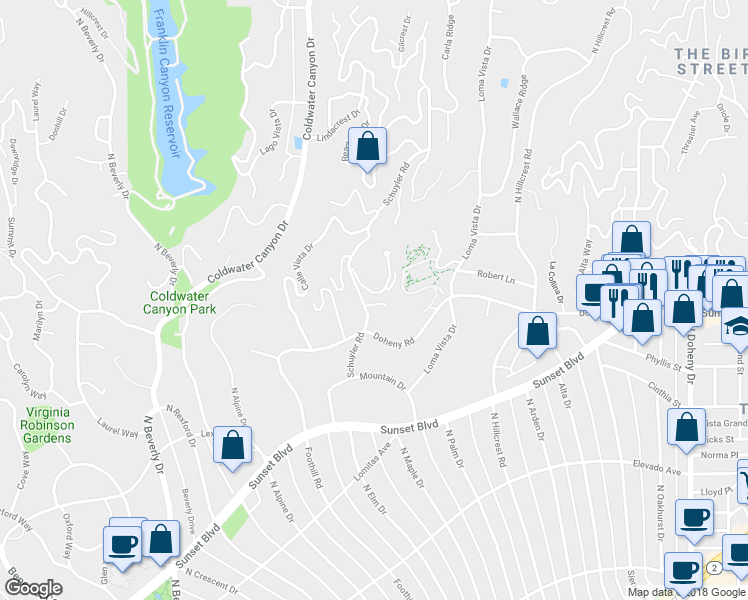 map of restaurants, bars, coffee shops, grocery stores, and more near 1114 Schuyler Road in Beverly Hills