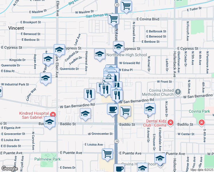 map of restaurants, bars, coffee shops, grocery stores, and more near 688 North Rimsdale Avenue in Covina