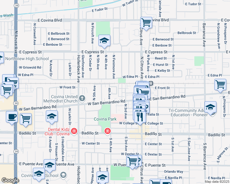 map of restaurants, bars, coffee shops, grocery stores, and more near 254 West Hampton Court in Covina
