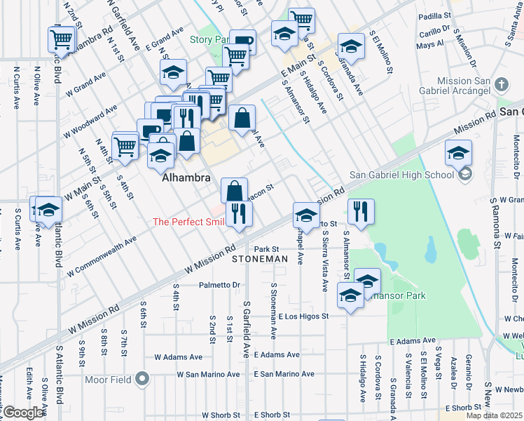 map of restaurants, bars, coffee shops, grocery stores, and more near 510 South Stoneman Avenue in Alhambra