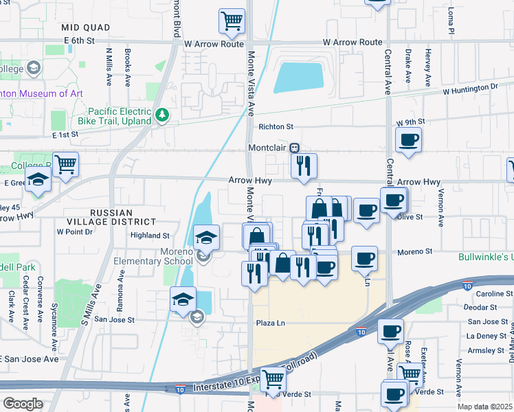 map of restaurants, bars, coffee shops, grocery stores, and more near 4914 Olive Street in Montclair