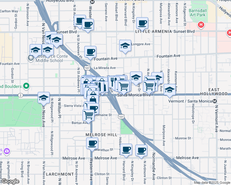 map of restaurants, bars, coffee shops, grocery stores, and more near 5301 Sierra Vista Avenue in Los Angeles