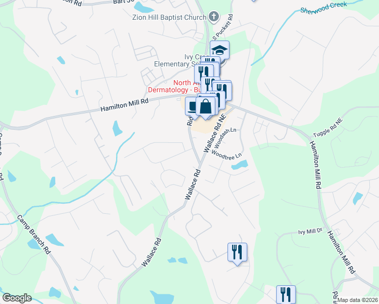 map of restaurants, bars, coffee shops, grocery stores, and more near 3205 Hampton Bay Cove Northeast in Buford