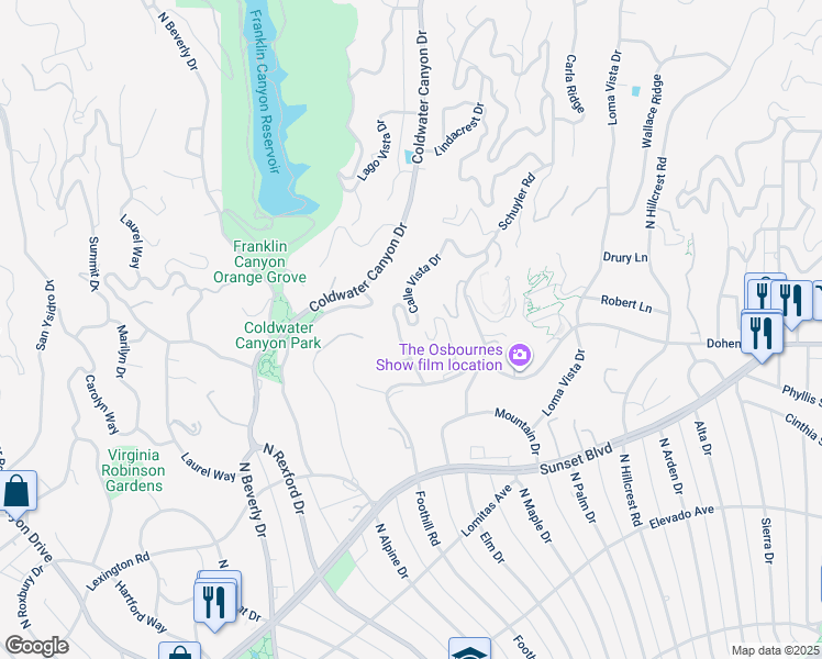 map of restaurants, bars, coffee shops, grocery stores, and more near 1118 Calle Vista Drive in Beverly Hills