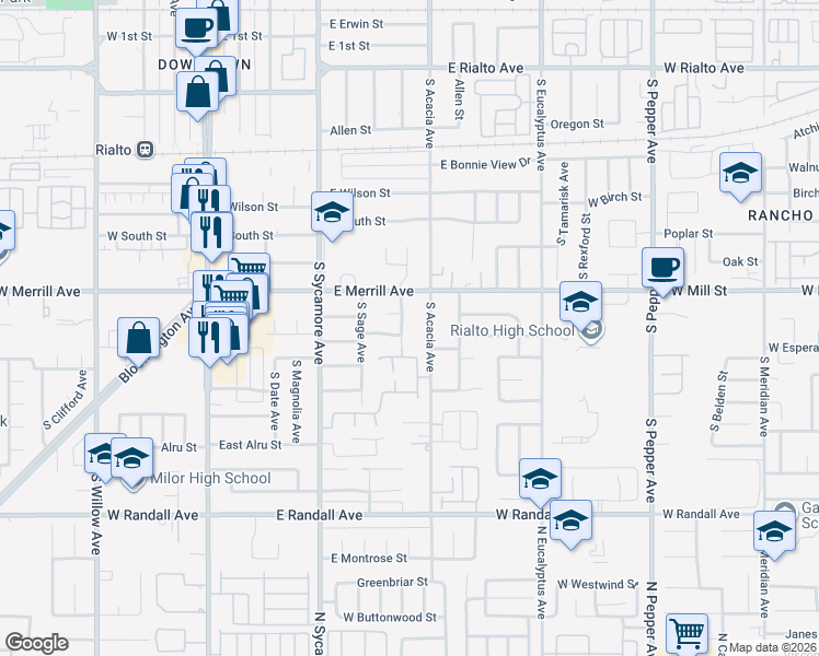 map of restaurants, bars, coffee shops, grocery stores, and more near 565 South Joyce Avenue in Rialto