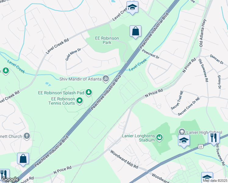 map of restaurants, bars, coffee shops, grocery stores, and more near 821 Northeast No Situs Street in Buford