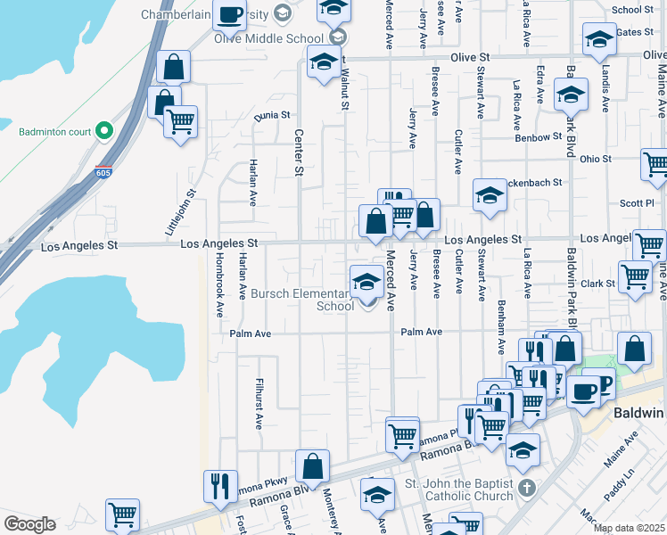 map of restaurants, bars, coffee shops, grocery stores, and more near 4311 Walnut Street in Baldwin Park