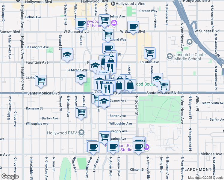 map of restaurants, bars, coffee shops, grocery stores, and more near in Los Angeles