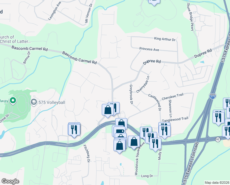 map of restaurants, bars, coffee shops, grocery stores, and more near 1527 Dupree Road in Woodstock
