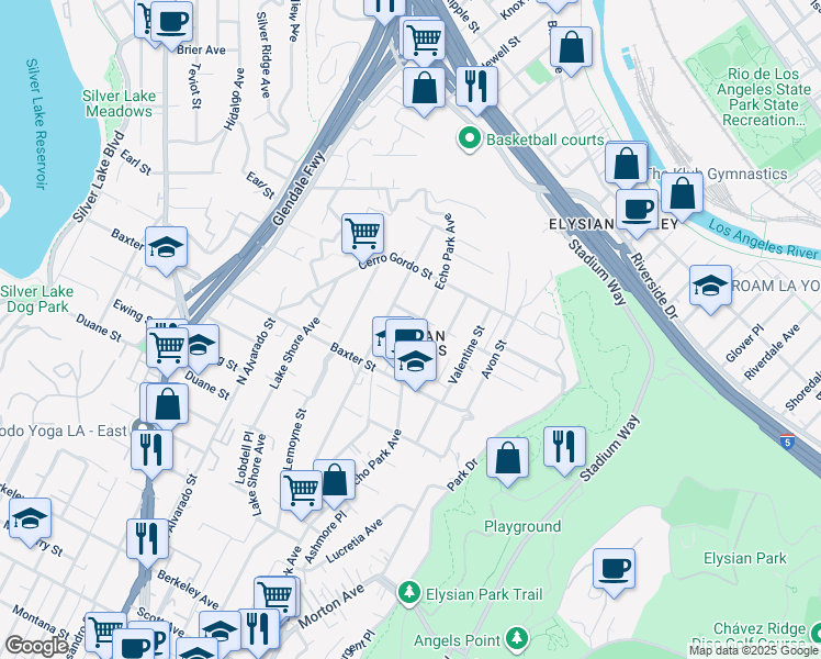 map of restaurants, bars, coffee shops, grocery stores, and more near 2161 Echo Park Avenue in Los Angeles