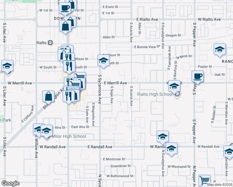 map of restaurants, bars, coffee shops, grocery stores, and more near 437 East Carter Street in Rialto