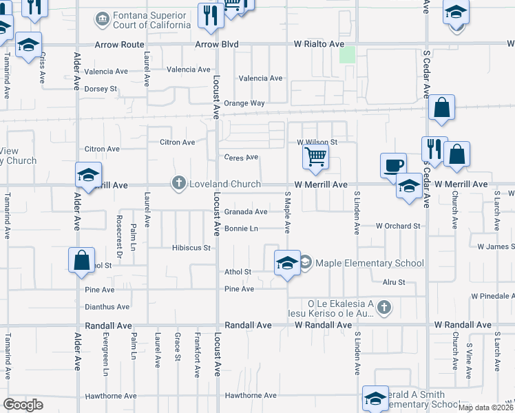 map of restaurants, bars, coffee shops, grocery stores, and more near 18251 Granada Avenue in Fontana