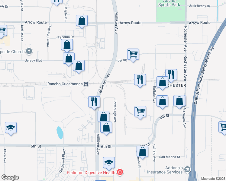 map of restaurants, bars, coffee shops, grocery stores, and more near 11400 Newport Dr in Rancho Cucamonga