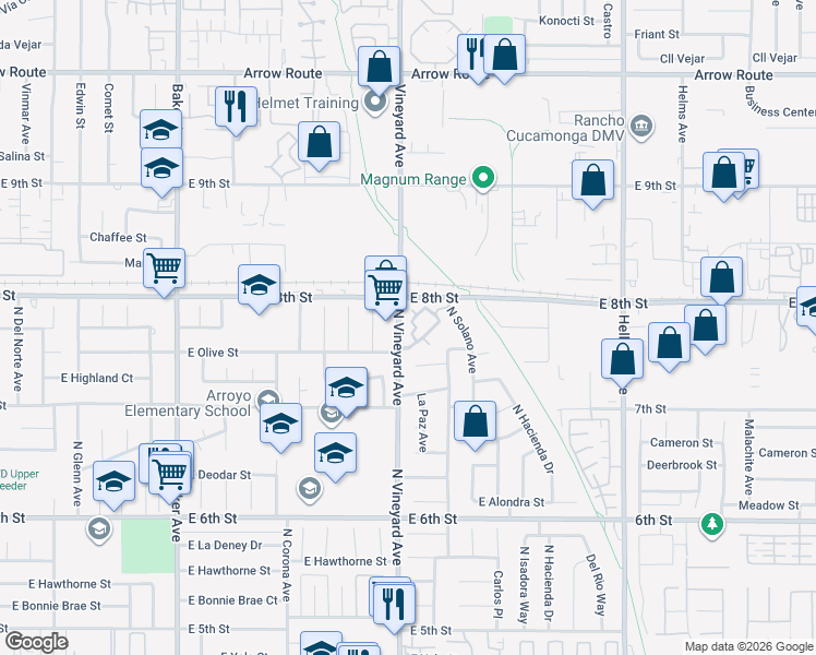 map of restaurants, bars, coffee shops, grocery stores, and more near 1802 North Vineyard Avenue in Ontario