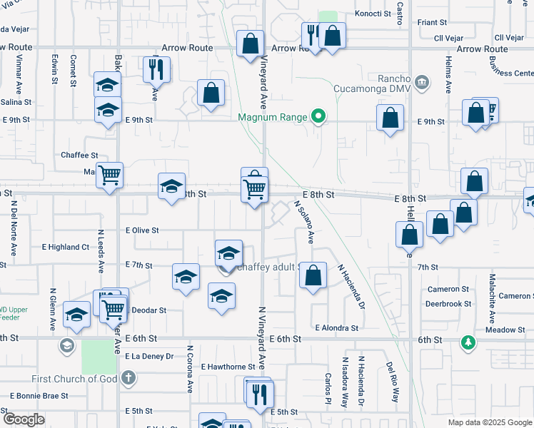 map of restaurants, bars, coffee shops, grocery stores, and more near 1802 North Vineyard Avenue in Ontario