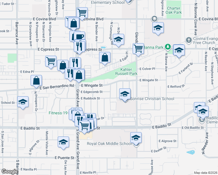 map of restaurants, bars, coffee shops, grocery stores, and more near 1074 East Edgecomb Street in Covina