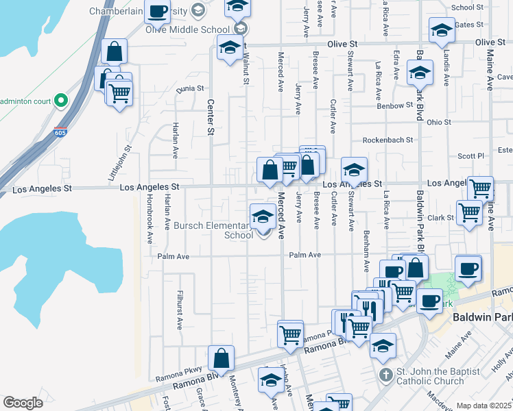 map of restaurants, bars, coffee shops, grocery stores, and more near 4304 Walnut Street in Baldwin Park