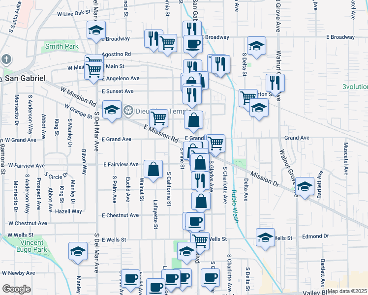 map of restaurants, bars, coffee shops, grocery stores, and more near 928 South Pine Street in San Gabriel