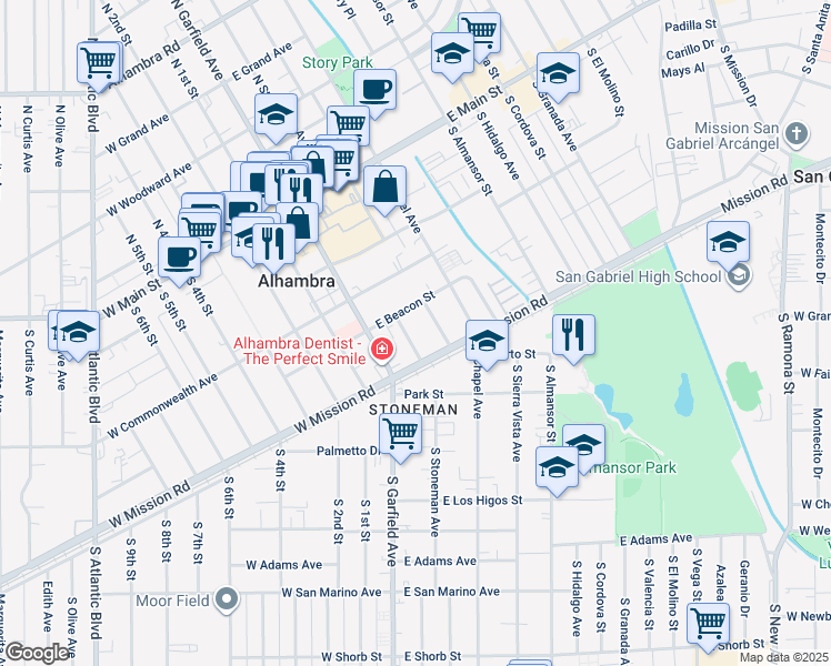 map of restaurants, bars, coffee shops, grocery stores, and more near 510 South Stoneman Avenue in Alhambra