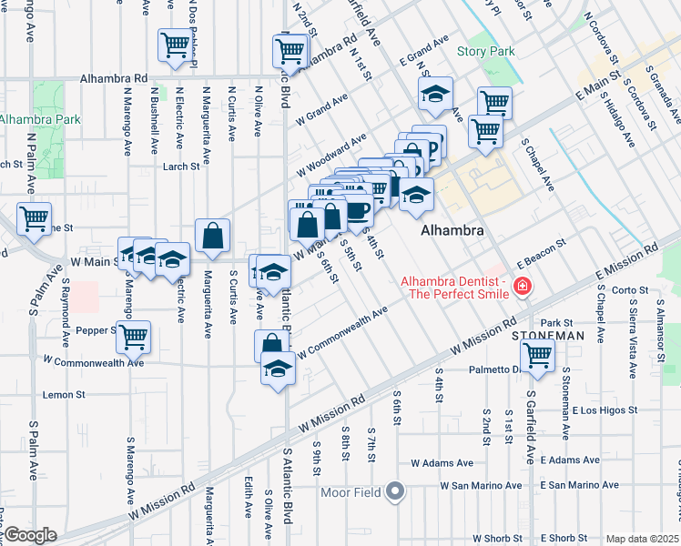map of restaurants, bars, coffee shops, grocery stores, and more near 609 Irving Street in Alhambra